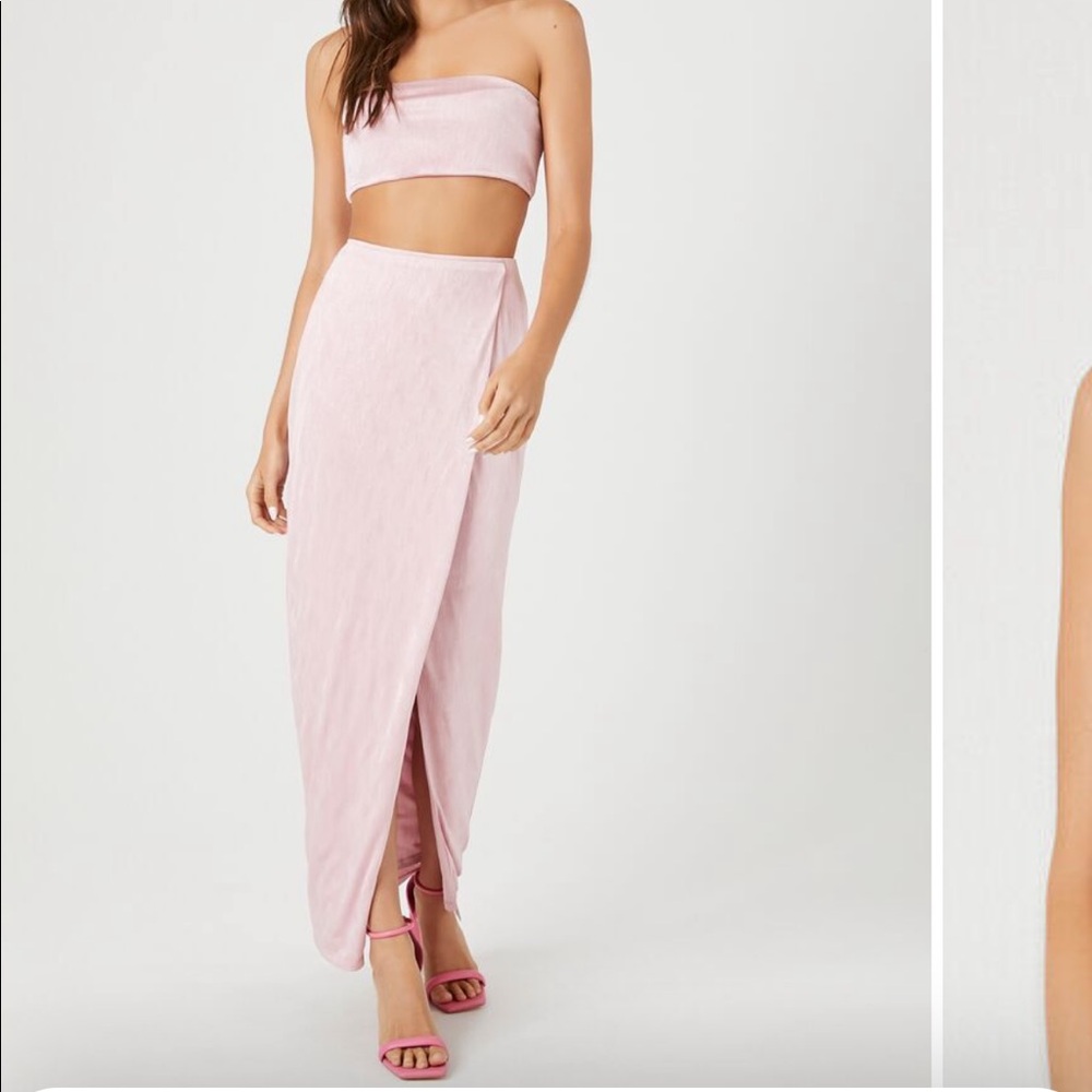 Light pink cropped tube top maxi skirt set 2 piece